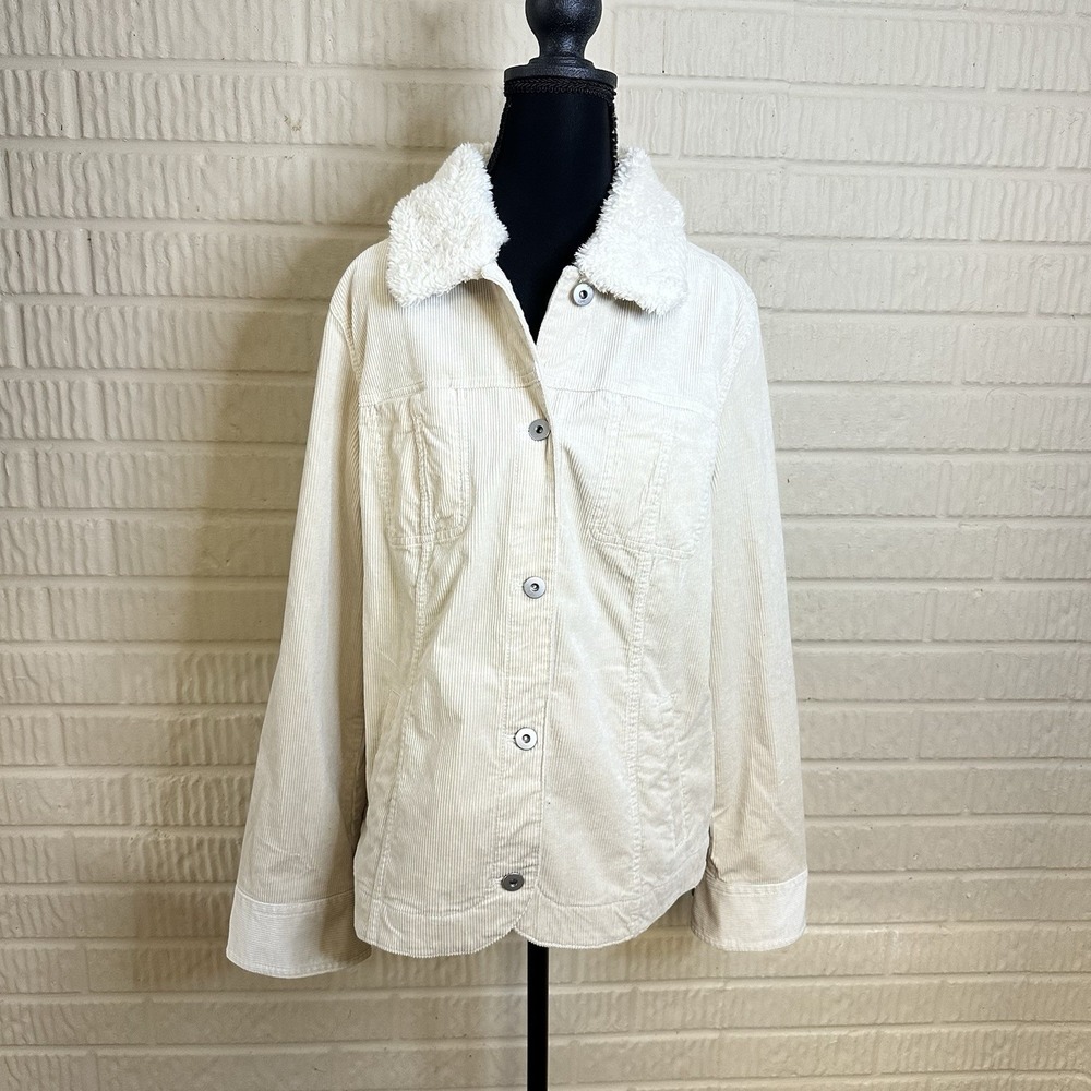 J. Jill Corduroy Jacket Women Size M Pebble Cream‎ Long Sleeve Sherpa Neck Cuff